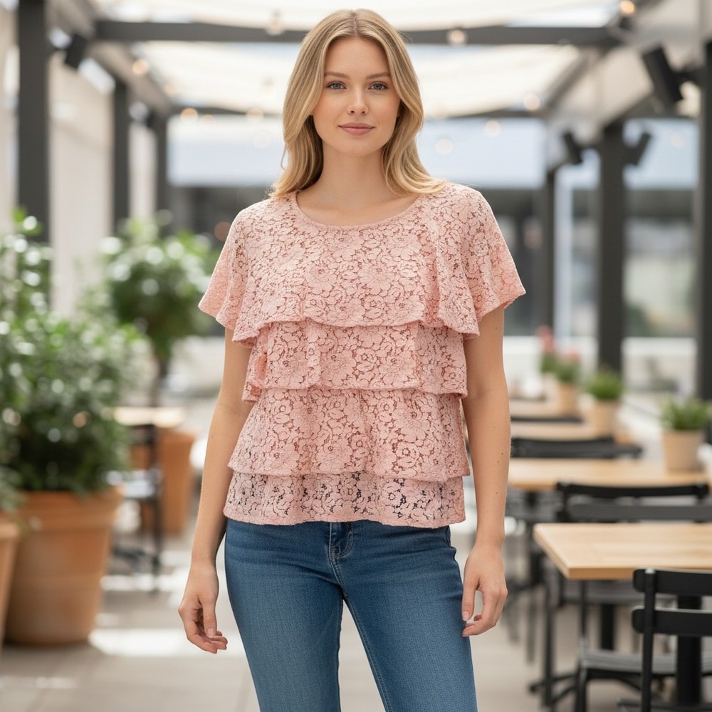 Zara Basic Collection Pink Floral Lace Tiered Ruffle Short‎ Sleeve Top Womens M